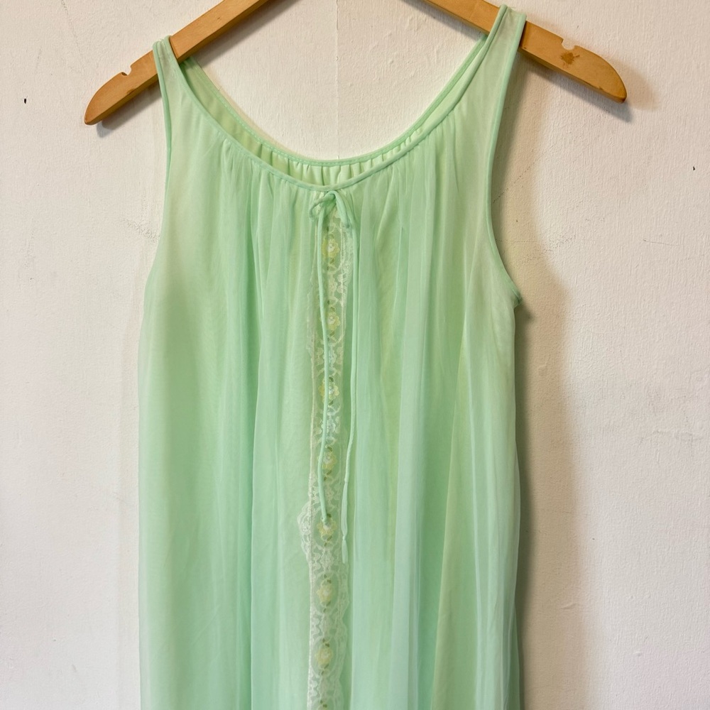 Vintage 50s Peignoir Set Mint Green Nighty Robe Lace Sheer Retro Small Medium - Picture 8 of 16